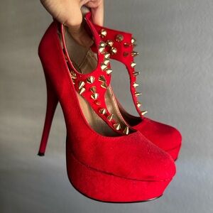 Red Platform Pumps with Gold Spikes - Size 5.5